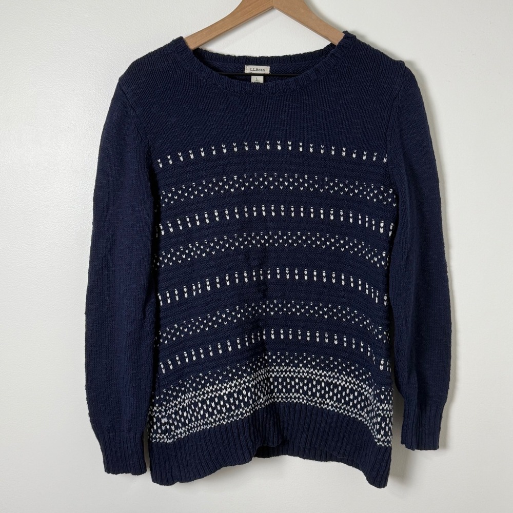 LL Bean Cotton Sweater Women Large Navy Textured Coastal Cottagecore Fisherman